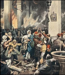 De slachtingen van Armeniërs in Turkije in 1909 in Adana, illustratie door Achilles Beltrame (1871-1945) in 