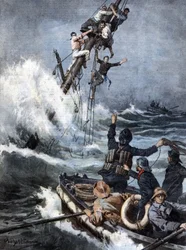 Het reddingsteam bracht de zeelieden van een schipbreuk veilig terug na 40 uur op de masten van het zinkende schip te hebben gezeten. Ill. de Beltrame. La Domenica del Corriere. 08/1909.