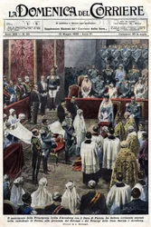 Het huwelijk van prinses Lydia van Arenberg en de hertog van Pistoia: een schitterende ceremonie in de kathedraal van Turijn, in aanwezigheid van de heersers en prinsen van het Huis Savoye en de familie Arenberg. Ill. de Baltrame. La Domenica del
