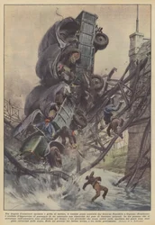 Onder het lawaai van gebroken wapens en kreten van angst, stortte de oude brug gebouwd door de regering