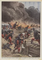 Franse loopgraaf in Champagne door de Duitsers met olie overstroomd en vervolgens met bommen in brand gestoken