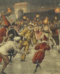 Typisch kostuumfeest op ijs in Aren in Milaan, door Achille Beltrame, illustratie, Illustrator Achille Beltrame (1871-1945), uit La Domenica del Corriere