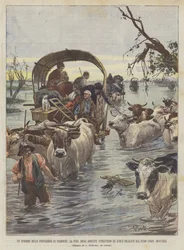 Een Episode van de Overstromingen in Piemonte, De Vlucht van de Inwoners door het Overstroomde Water