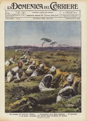 Een groep dappere Dubat, de zwarte bersaglieri van Somalië, bewaakt een voorpost in de ?