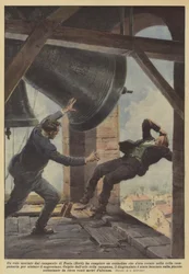 Een dodelijke val van de klokkentoren van Posta (Rieti) door een boer die naar