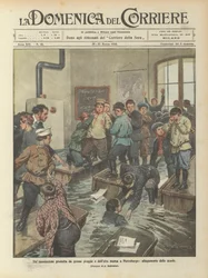 Een overstroming veroorzaakt door zware regenval en hoogwater in Sint-Petersburg, overstroming van de scholen