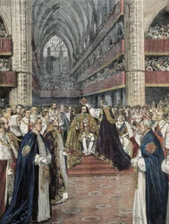 Verenigd Koninkrijk (1901). Kroning van Edward VII in de Westminster Abbey. Illustratie door Achille Beltrame gepubliceerd in Domenica del Corriere. Gravure.