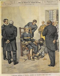 Verenigde Staten van Amerika, 20e eeuw, executie van Czolgosz op de elektrische stoel, moordenaar van de president van de Verenigde Staten McKinley, 29 oktober 1901, kunstwerk van een tijdschriftomslag