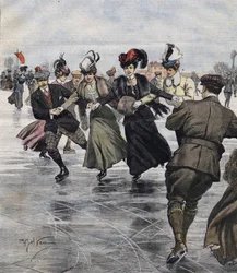 Winterpret. Schaatsers. Illustratie door Achille Beltrame in 1907.