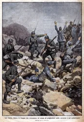 Eerste Wereldoorlog: Italiaanse front op het Carso-plateau (Trentino) en gevangenen in de ondergrond. 