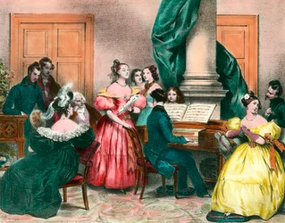 Een muzikale middag in familie Gravure door Achille Deveria (1800-1857) Gravure uit de 19e eeuw. Privécollectie