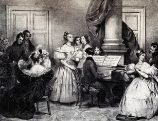 Familieconcert met piano, door Achille Deveria (1800-1857), gravure, Frankrijk