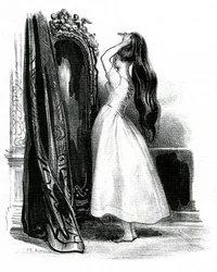 Madame Bovary, voor de roman van Gustave Flaubert - Emma Bovary stapelt haar lange haar op voor haar spiegel