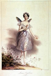 Marie Taglioni (1804 - 1884), ballerina, afgebeeld in sylphide - Illustratie door Achille Deveria (1800 - 1857)