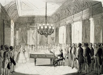 Muzikale avond met piano, door Achille Deveria (1800-1857), gravure, Frankrijk