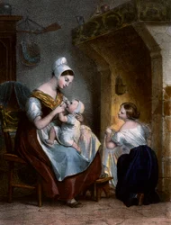 Verpleegster die een baby borstvoeding geeft. Lithografie, c.1850