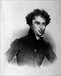 Portret van Alexandre Dumas, gravure door Deveria