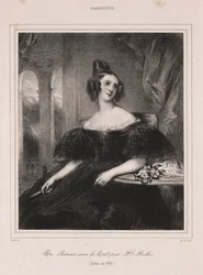 Jonge vrouw met een waaier zittend aan een tafel, 1835