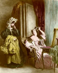 De toilet: een elegante jonge vrouw met haar dienstmeid. Lithografie door Achilles Deveria (1800-1857) 19e eeuw. Privécollectie