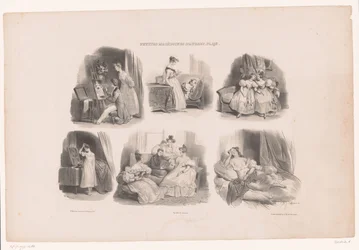 Zes voorstellingen van jonge vrouwen in een interieur