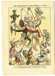Illustratie door Achille Lemot (1846-1909) in Le Pèlerin, 21/03/09 - Woorden en Daden - Antisemitisme, Antimaconisme Vrijmetselarij, Engeland Groot-Brittannië, Religie Geloof, Katholiek Katholicisme - Clemenceau George, Jood, Priesters - Verdinglijking, Re