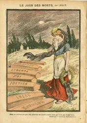 Illustratie van Achille Lemot (1846-1909) in Le Pelerin, 03/11/07 - De Dag van de Doden - Gerechtigheid Proces, Religie Geloof, Vrijheid, Frankrijk, Driekleurige Vlag, Patriottisme, Rouw Begrafenis, Eer, Kist - Marianne - Dood, Religieuze Metafoor