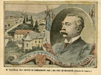 Illustratie van Achille Lemot in Le Pelerin, 07/02/04 - M. Flayelle, verkozen afgevaardigde van Remiremont met 1200 meerderheid stemmen - Verkiezingen, Elzas Lotharingen, Kamer van afgevaardigden Halfrond, Patriottisme, Grenzen, Remiremont, Vogezen - Afgev