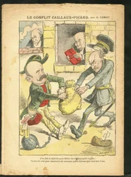 Illustratie van Achille Lemot (1846-1909) in Le Pelerin, 07/03/09 - Het Caillaux-Picard Conflict - Belastingen, Inkomstenbelasting - Combes Emile (1835-1921), Clemenceau George, Caillaux Joseph (1863-1944)