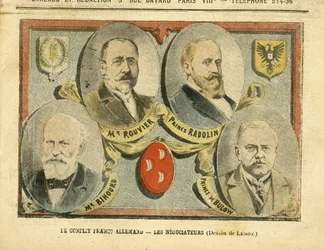 Illustratie van Achille Lemot (1846-1909) in Le Pelerin, 09/07/05 - Het Frans-Duitse conflict, de onderhandelaars - Kolonisatie, kolonialisme, koloniën, Duitsland, Pruisen, Marokko, Frankrijk, Tanger - Maurice Rouvier (1842-1911), Bernhard von Bülow