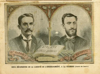 Illustratie van Achille Lemot in Le Pelerin, 20/03/04 - Twee verdedigers van de vrijheid van onderwijs