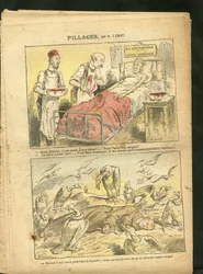 Illustratie van Achille Lemot (1846-1909) in Le Pelerin, 21/02/09 - Plunderingen - Medisch, Religie Geloof, Belastingen, Katholicisme - Secularisatie, Congregaties - Gier, Geneeskunde, Belastingbetaler, Monniken