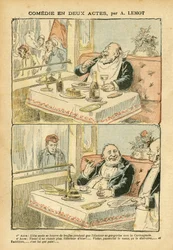 Illustratie van Achille Lemot in Le Pelerin, 22/05/04 - Komedie in twee bedrijven - Restaurant Cafés, Gastronomie koken, Socialisme - Caféjongens, Truffel - Vet/mager