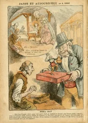 Illustratie van Achille Lemot in Le Pelerin, 22/12/07 - Vroeger en Nu - Pensioenarbeiders, Anti-parlementarisme, Religie, Kerstmis, Kamer van Afgevaardigden