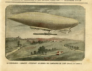 Illustratie van Achille Lemot (1846-1909) in Le Pelerin, 26/11/05 - Het luchtschip Lebaudy evolueert over het oostelijke platteland - Campagne, Ballonnen luchtschepen zeppelins aerostation, Lebaudy