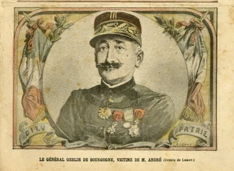 Illustratie van Achille Lemot in Le Pelerin, 27/03/04 - Generaal Geslin van Bourgondië, slachtoffer van de heer Andre - Leger, Kaartzaak - Andre Louis, Generaal, Jules Henri Geslin van Bourgondië