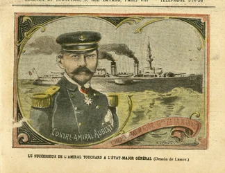Illustratie van Achille Lemot in Le Pelerin, 27/08/05 - De opvolger van admiraal Touchard bij de generale staf - Leger, Marine Marine Badplaats, Staf, Oorlogsschepen - Admiraal Admiraals, Aubert Marie Jacques Charles, Touchard Philippe