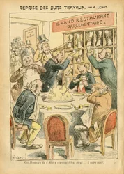 Illustratie van Achille Lemot in Le Pelerin, 27/10/07 - Hervatting van hard werken - Antiparlementarisme, Restaurant Cafés, Kamer van Afgevaardigden Hemicycle, Bloc des lefts, Plate au beurre - Afgevaardigde - Voedselmetafoor