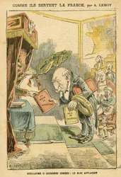 Illustratie van Achille Lemot (1846-1909) in Le Pelerin, 31/01/04 - Hoe ze Frankrijk dienen - Duitsland Pruisen, Religie Geloof, Bloc des Left, Patriottisme, Katholicisme - Uitzettingen van Religieuzen - Combes Emile (1835-1921), Wilhelm II, Delsor Nicolas