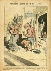 Illustratie van Achille Lemot in Le Pelerin, 31/12/05 - Complimenten van het jaar dat voorbijgaat - Religie Geloof, Katholiek Katholicisme - Combes Emile, Duivel, Tijd (Allegorie van)