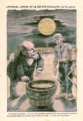 Socialistische afgevaardigde belooft de maan (pensioen) aan een arme proletariër (timmerman), in Le Pelerin, Katholiek weekblad N°1391 van 30 augustus 1903 door A. Lemot (tekening)