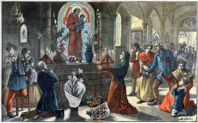 De devotie tot Sint Antonius van Padua verenigt alle klassen van de samenleving voor zijn altaar - Illustratie door Achille Lemot in Le-Pelerin van 1896