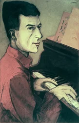 Portret van Maurice Ravel die piano speelt