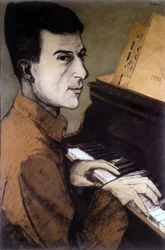 Portret van Maurice Ravel aan de piano - lithografie door Ouvré