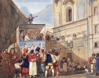 Poppentheater in Romeinse kerk van Saints Quirico en Giuditta, door Achille Pinelli (detail)