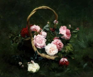 Rozen in een mand. Schilderij van Achille Theodore Cesbron (1849-1913 Frans) Privécollectie