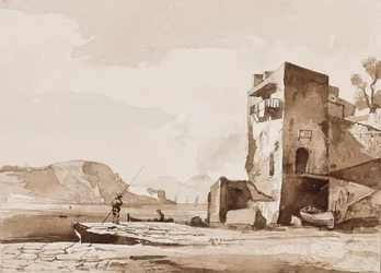 Mogelijk een uitzicht vanaf Posillipo, met Vesuvius in de verte, met toevoegingen door een Borbone-leerling