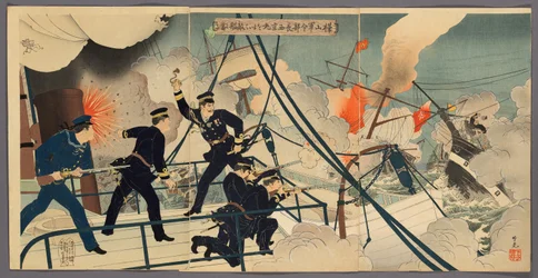 Kabayama, de Chef van de Marine Staf, Aanvallende Vijandelijke Schepen vanaf de Saikyomaru (Kabayama gunreibucho Saikyomaru o motte tekikan ni ataru)