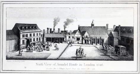 Noordaanzicht van Arundel House in Londen, geëtst door Wenceslaus Hollar in 1646 en gepubliceerd in 1792