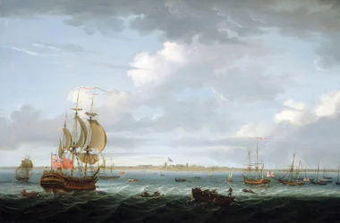 Navigatie voor de kust van Madras, India, met een beschrijving van de haven en de stad en de Britse vlag die wappert over Fort Saint George