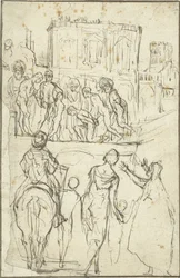 Duits: Josephus wird von Nicanor vor Kaiser Vespasianus geführt Josephus wordt geleid door Nicanor voor keizer Vespasianus